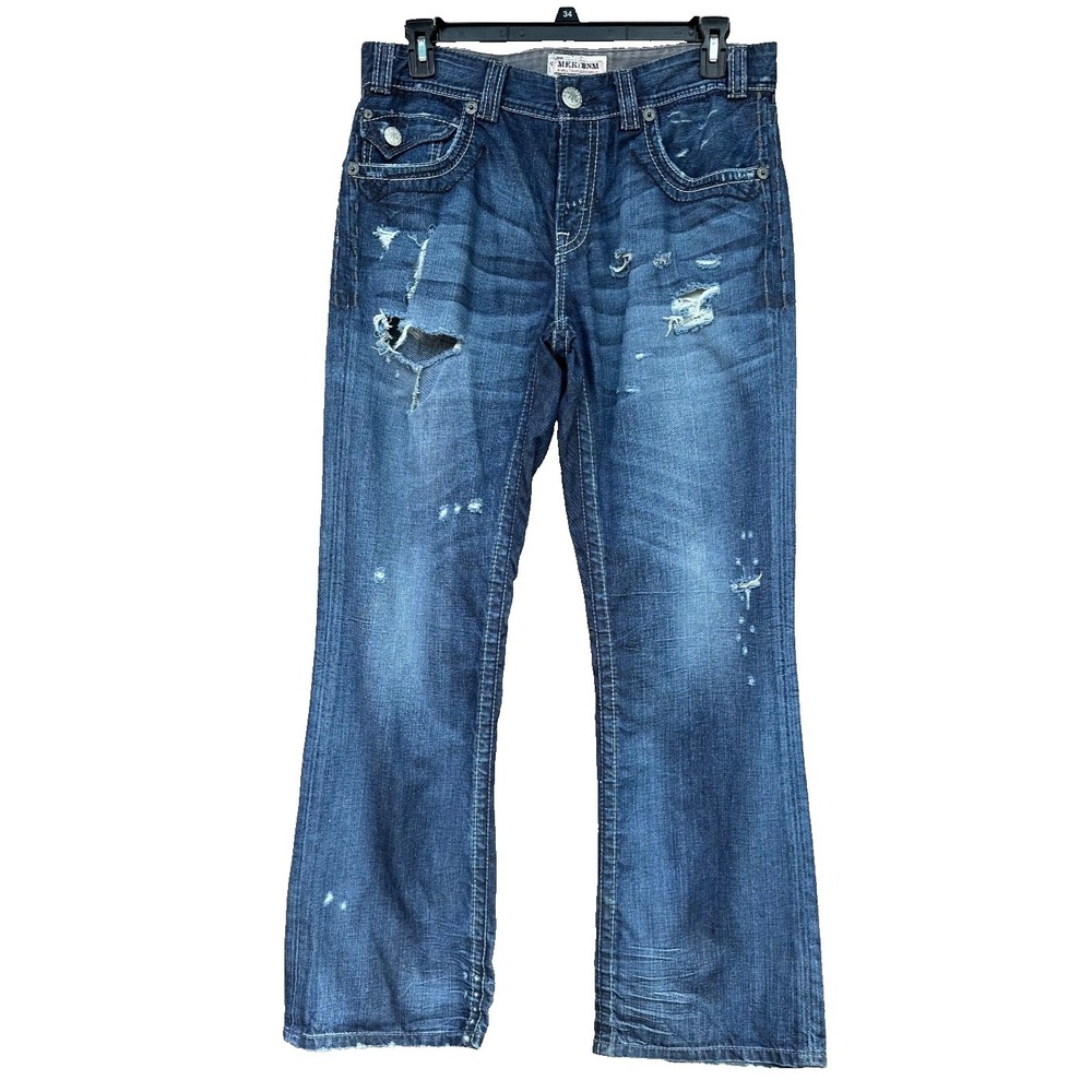 MEK DNM Bootcut Jeans 36x32 Blue Distressed Y2K Biker Denim Mens Streetwear
